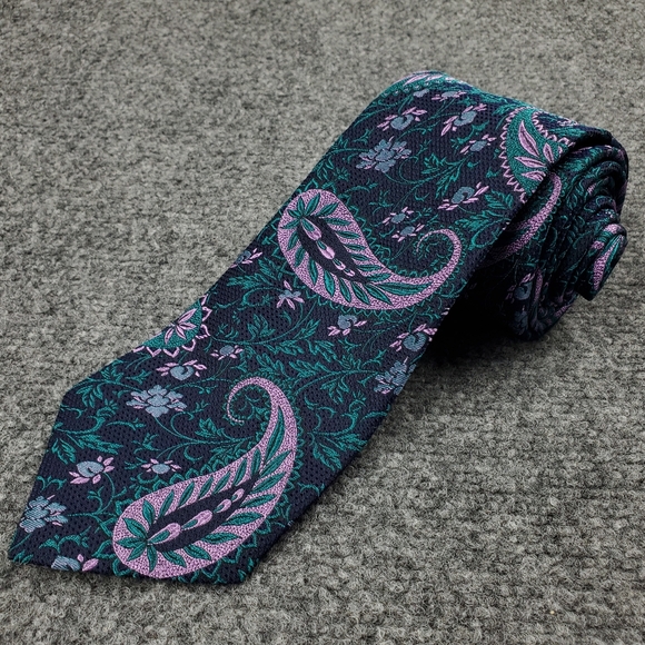 Turnbull & Asser Silk Tie Paisley Woven Navy Green Purple Luxury Formal England